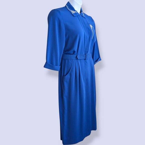 🍁V. Nu-Mode Blue Embroidered 3/4 Sleeve Dress - Picture 3 of 8